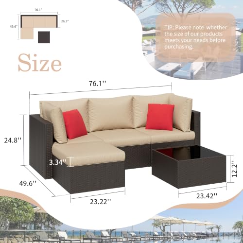 5 Pieces Patio Furniture Sets Outdoor All-Weather Sectional Patio Sofa Set PE Rattan Manual Weaving Wicker Patio Conversation Set with Glass Table&Ottoman Cushion and Red Pillows, Beige