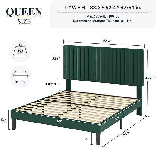 Queen Velvet Platform Bed with Tufted Headboard, view 3