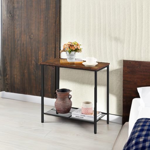 2 Tier End Table, Sofa Side Table, Narrow Side Table with Storage, Slim Nightstand for Small Spaces, Metal Frame, for Living Room, Bedroom, Sofa Couch, Hall, Rustic Brown
