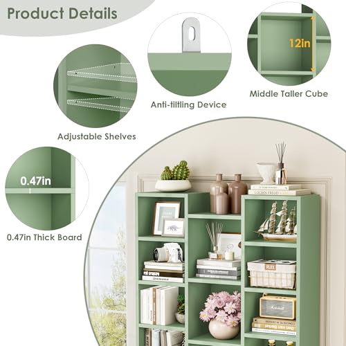 71'' Tall Bookshelf with 21 Cubes, 8 Tier Triple Wide Bookshelf with 8 Adjustable Shelves, 35" Large Bookcase DVD/CD Media Tower Storage, Freestanding Display Shelf Cabinet, Green