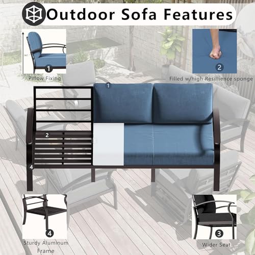 Patio Furniture Set 5-Piece Aluminum Armrest Sofa, Modern Outdoor Living Room Set with 55000 BTU Propane Aluminum Fireplace, Outdoor Rotary Joystick with Thick Cushion