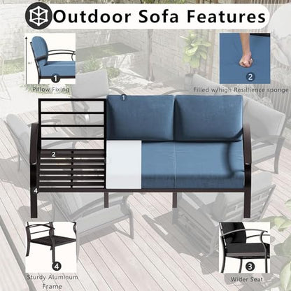 Patio Furniture Set 5-Piece Aluminum Armrest Sofa, Modern Outdoor Living Room Set with 55000 BTU Propane Aluminum Fireplace, Outdoor Rotary Joystick with Thick Cushion