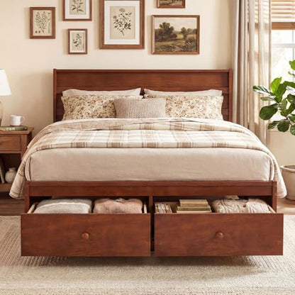 Full Size Bed Frame with Storage Drawers, Wood Platform Bed with Headboard, view 4