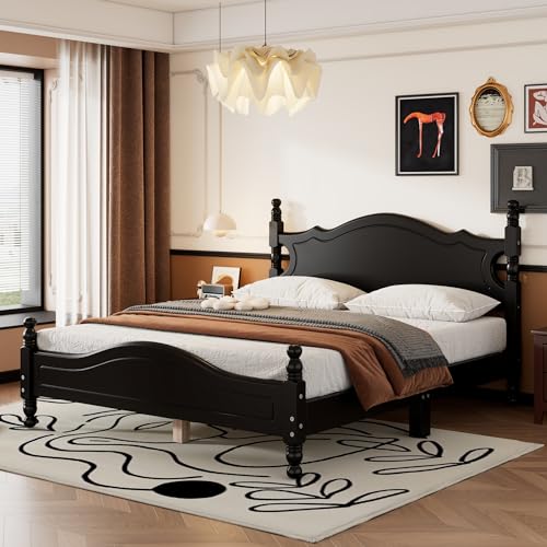 JIVOIT Retro Style Platform Bed with Headboard and Footboard, Queen Size Wood Platform Bed Frame with Wooden Slat Support, Solid Wood Foundation, No Box Spring Required (Black,Queen,5)