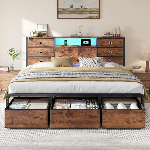 King Size Bed Frame with 9 Drawers and Charging Station, Brown, view 2