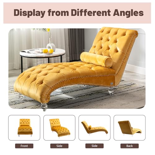 Chaise Lounge Chair Indoor Mustard Velvet Upholstered Button Tufted Chaise, view 7