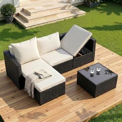 4 Pieces Patio Furniture Set, 2-in-1 Convertible Sectional Sofa & Chaise Lounge, All-Weather Wicker Rattan Sofa Couch with Cushions & Coffee Table for Yard, Garden, Porch, Poolside (Beige)
