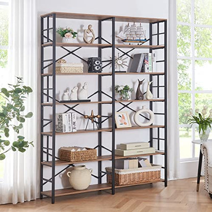 Bookshelf, Industrial Double Wide 7-Tier Bookshelves, 84" Tall Bookcase with Open Shelves, Heavy Duty Bookcases with Storage for Living Room Home Office, Rustic Brown