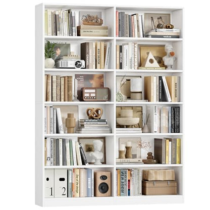 Bookshelf and Bookcase, 6-Tier Double Wide Bookshelves,Freestanding Display Storage Shelves, Tall Bookcases for Home Decor Bedroom, Living Room, Home Office, White