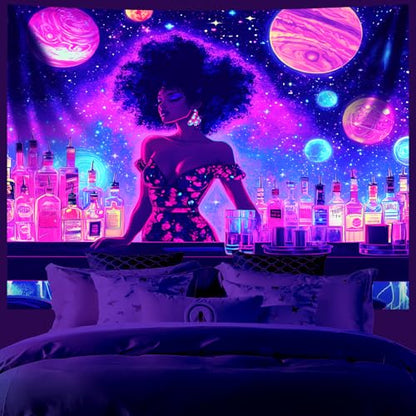 Blacklight Tapestry, Glow In The Dark Tapestries, UV Reactive Cool Girl Wall Art, Mushroom Wonderland Tapestry, Rabbits Wall Hanging for Bedroom, Dorm and Living Room Wall Decoration 79L x 59W
