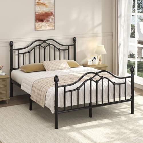 Full Size Metal Bed Frame with Victorian Headboard & Footboard, Black, view 4