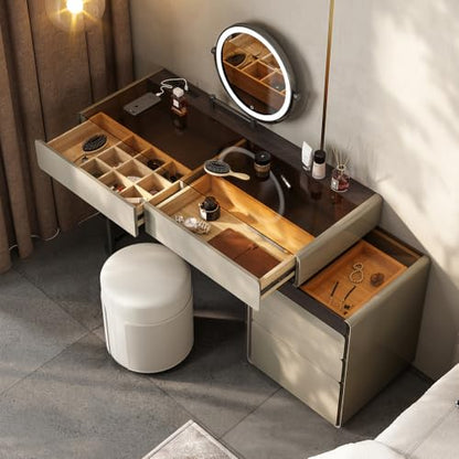 Modern Vanity Table with Drawers and LED Mirror, Ideal for Bedroom Makeup (Gray), view 6