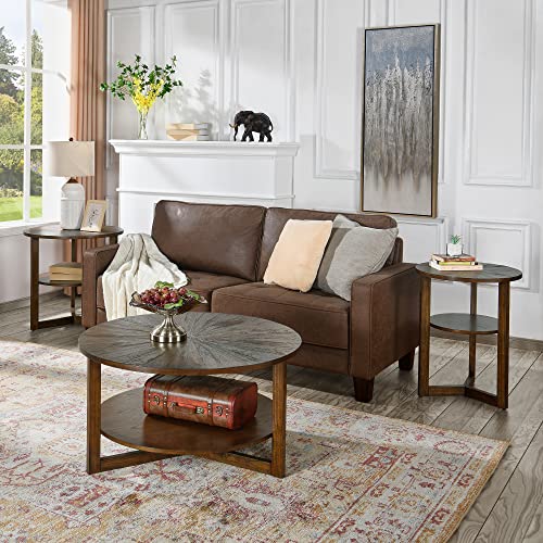 Large Round End Table with Storage Shelf, 25.2" Dia Rustic Beside Tables with Umbrella Top, Traditional Circular Sofa Side Table- Telephone Table for Living Room Easy Assembly, Vintage Brown CJZ3338NC
