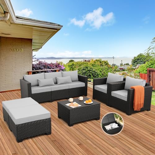 Patio Wicker Furniture Set 6 Pieces Outdoor HDPE Wicker Conversation Couch Sectional Chair Sofa Set with Grey Cushions