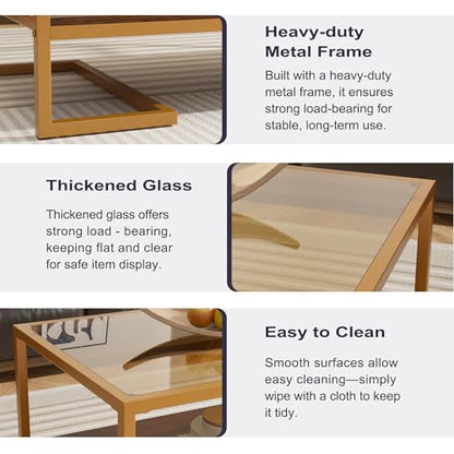 Coffee Table, 2 Tier Tempered Glass Coffee Table, Rectangle Modern Center Table with Metal Frame, Glass Accent Table Open Storage Shelf for Living Room, Office, Brown