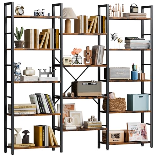 Triple Column 5 Tier Bookshelf, Industrial Large Bookcase Display Shelves, Large Etagere Bookshelf,Wide Book Shelf Book Case for Home & Office, Rustic Brown