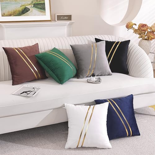 Gyulin Pack of 2,18x18 Inch Velvet Boho Throw Pillow Covers with Gold Leather Striped Stitching Modern Minimalist Square Pillowcase Cushion Covers for Bedroom Sofa Couch Living Room, White