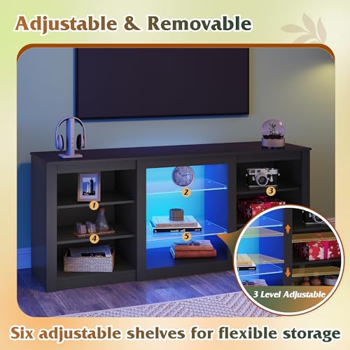 Modern TV Stand for 65 Inch TV, Entertainment Center with Adjustable Open Shelves & RGB LED Lights, Sturdy Media Console for Living Room, Bedroom,Gaming (Black)