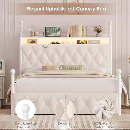 Full Size LED Canopy Bed Frame with Storage & Charging Station, Beige, view 8