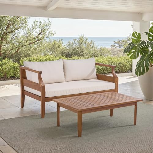 SAFAVIEH Outdoor Patio Furniture Collection - Alta Teak & Cream Solid Wood Bench with Cushions and Slatted Coffee Table, 2-Piece Set (PAT6812A)