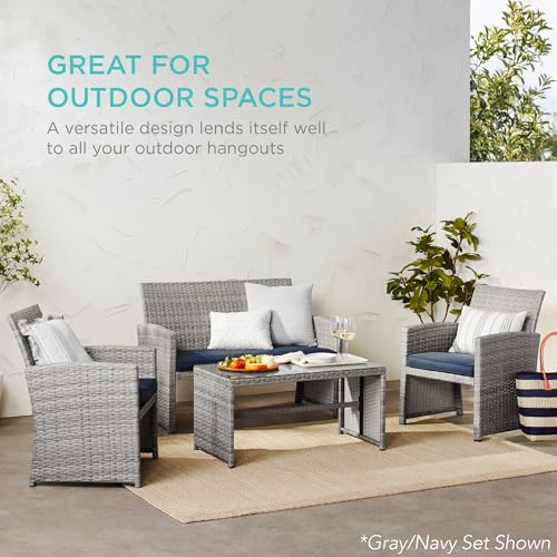 Best Choice Products 4-Piece Outdoor Wicker Patio Conversation Furniture Set for Backyard w/Coffee Table, Seat Cushions - Brown/White Sand