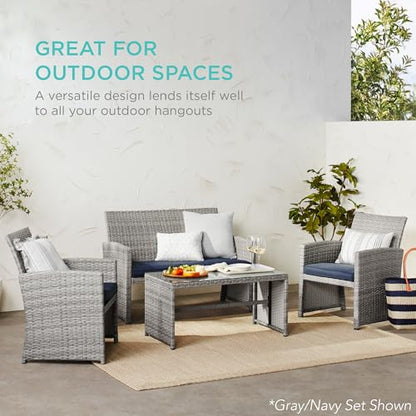 Best Choice Products 4-Piece Outdoor Wicker Patio Conversation Furniture Set for Backyard w/Coffee Table, Seat Cushions - Brown/White Sand