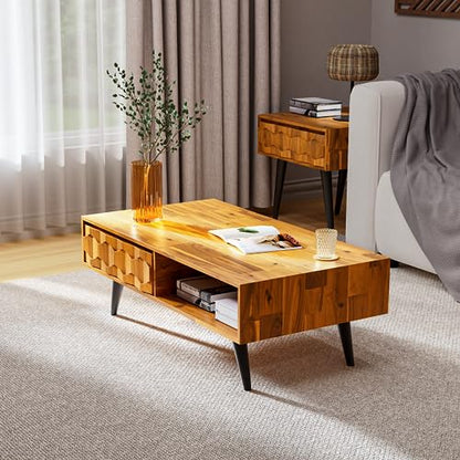 Georgina Solid Wood Coffee Table, 2 Drawers & Open Shelves, Mid Century Modern Center Table, 110 cm, Teak Brown, Pre-Assembled