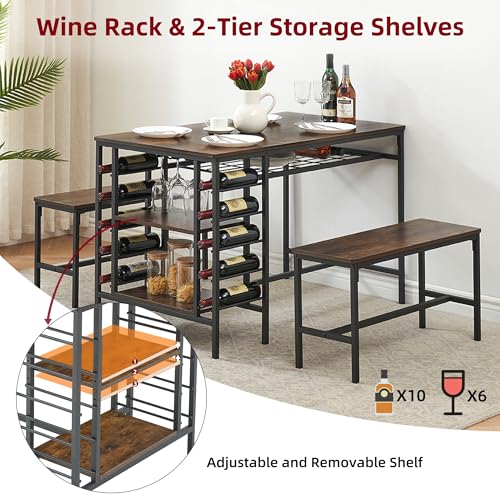 Dining Table Set for 4, Kitchen Table with 2 Benches, Wine Rack and Storage Shelf, Rectangular Dining Room Table Set, 3 Piece Dining Table Set for Small Space, Apartment, Dinette, Rustic Brown