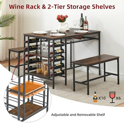 Dining Table Set for 4, Kitchen Table Set for 4 with 2 Benches, 3 Piece Dining Room Table Set for Small Space Apartment, Retro Brown