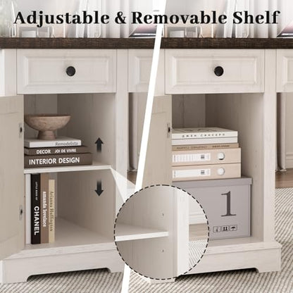 59" Executive Desk, Farmhouse Computer Desk with Drawers, Lockable File Drawer, Storage Cabinet & Power Outlet, Rustic Home Office Desk, Workspace for Work Study Writing, White