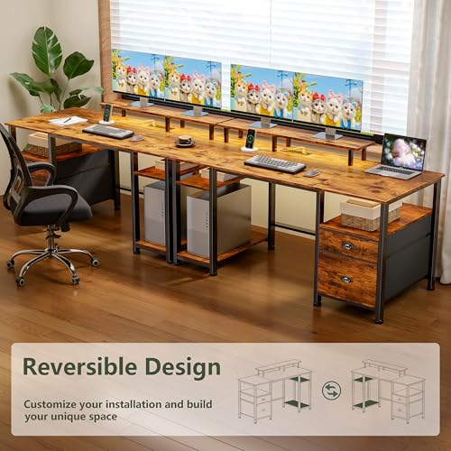 51" Computer Desk with Power Outlet and LED Lights, Reversible Home Office Desk with File Cabinet & Monitor Stand, Large Gaming Table with Storage Shelves & Drawer, Rustic Brown