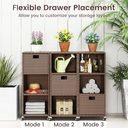 Wicker Outdoor Storage Cabinet - Rattan Pool Towel Rack on Wheels w/Shelves and Drawer, Tall Patio Furniture Outside Caddy Organizer for Porch Deck, Garden Tool & Hot Tub Accessory Storage