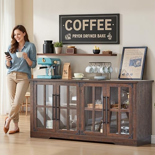 Farmhouse 63" Buffet Sideboard Cabinet with Glass Door, Brown, view 4