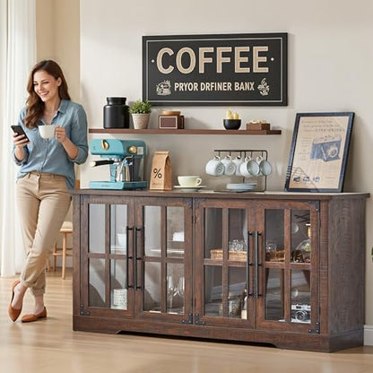 Farmhouse 63" Buffet Sideboard Cabinet with Glass Door, Brown, view 4
