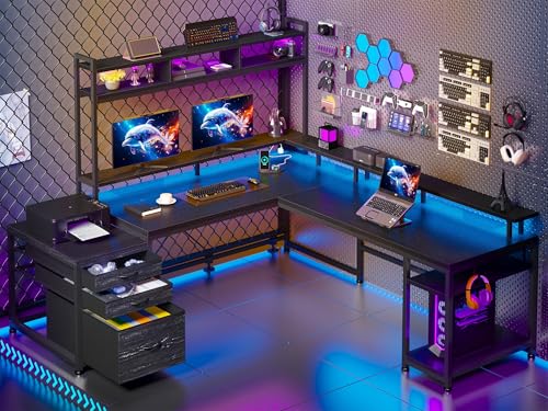 104'' L Shaped Gaming Desk, Reversible Two Person Corner Computer Desk with LED Lights & Power Outlet, Monitor Stand & 3 Drawers, Home Office Workstation for Gaming Room, Black