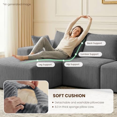 108" Boneless Sectional Couch,Corduroy Cloud Couch Sectional for Living Room,Modern L Shaped Modular Sectional Couch,3 Seater Sofa (Dark Gray, 108.9" L Shaped with Left Facing Chaise)