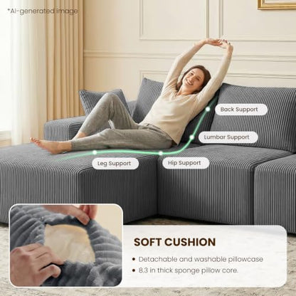 108" Boneless Sectional Couch,Corduroy Cloud Couch Sectional for Living Room,Modern L Shaped Modular Sectional Couch,3 Seater Sofa (Dark Gray, 108.9" L Shaped with Left Facing Chaise)