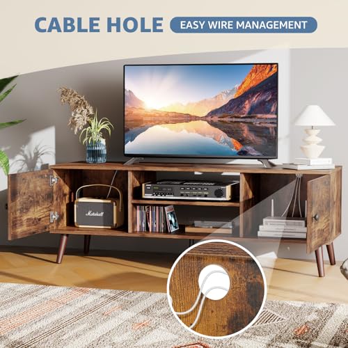 TV Stand for 55 60 inch TV, Modern Mid Century Entertainment Center with Storage, Media Console Table 2 Cabinet, Soft Hinge, Handle Door, Wooden Living Room, Office Furniture, Rustic Brown