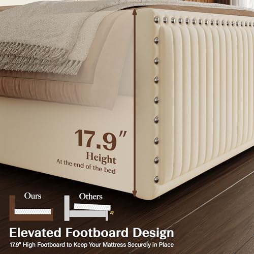 Queen Size Bed Frame with 55" Headboard Nailhead Trim Design, White, view 7