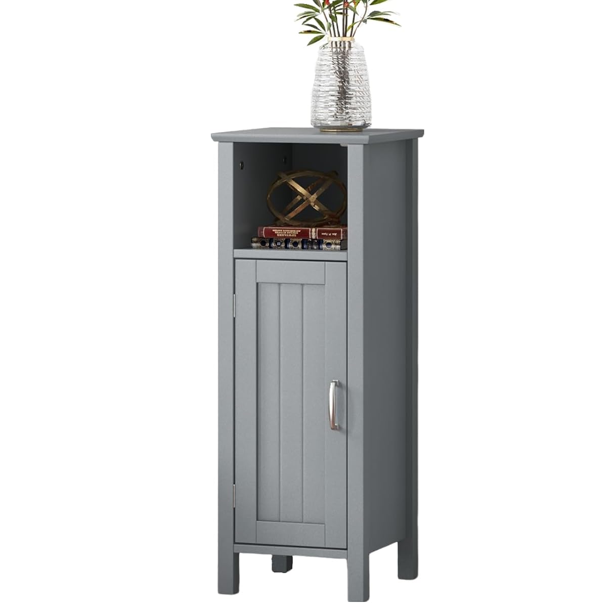 LUARANE Wooden Bathroom Floor Storage Cabinet, Side Storage Organizer Cabinet with 1 Door Open Shelf Adjustable Shelves, Small Free Standing Sideboard for Entryway Living Room Kitchen (Gray)