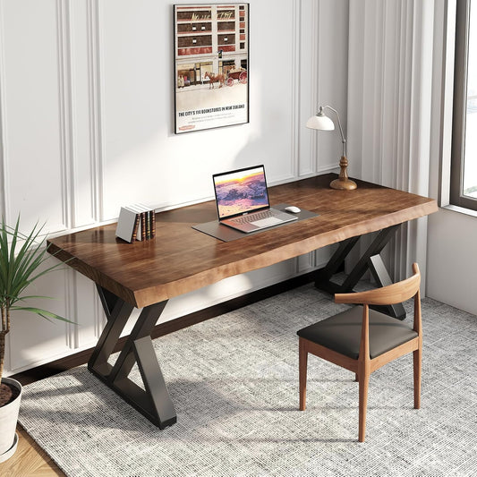 Solid Wood Desk 55 Inches, Home Office Computer Desk Wooden Rustic Writing Desk Metal Modern Simple Design Executive Real Wood Desk(Rustic Brown)