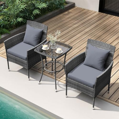 3 Pieces Patio Furniture Set, PE Rattan Outdoor Conversation Set with Tempered Glass Table & Soft Cushions, Wicker Bistro Set for Garden, Porch, Balcony (Grey)