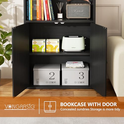 Farmhouse Bookcase with Doors & Storage, Tall 6-Tier Wood Bookshelf for Home Office Organization, Living Room Display, and Bedroom Storage Alternatives, 71-Inch Standing Shelf, Black