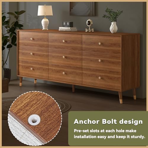 Dresser for Bedroom, 63 Inch 9 Drawer Wooden Chest of Drawers, view 7