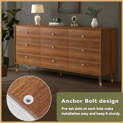 Dresser for Bedroom, 63 Inch 9 Drawer Wooden Chest of Drawers, view 7