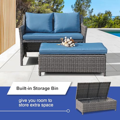 2-Piece Outdoor Patio Furniture Wicker Love-seat and Coffee Table Set, with Built-in Storage Bin, Grey Rattan, Navy Blue Cushions