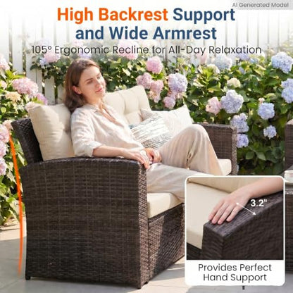 4 Piece Patio Furniture Set, Wicker Outdoor Patio Conversation Furniture Set, All Weather Outdoor Patio Sofa with Cushion and Wood Table, Beige Wood