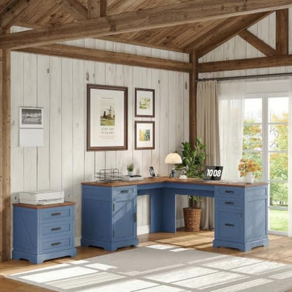 67'' Farmhouse L-Shaped Desk with Drawers for Home Office, Blue, view 4