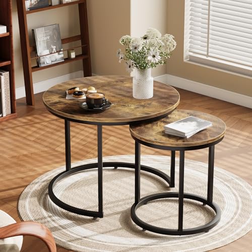Nesting Coffee Table Set of 2, 23.6" Round Coffee Table Rustic Wood Top with Adjustable Non-Slip Feet, Industrial End Table Side Tables for Living Room Bedroom Balcony Yard