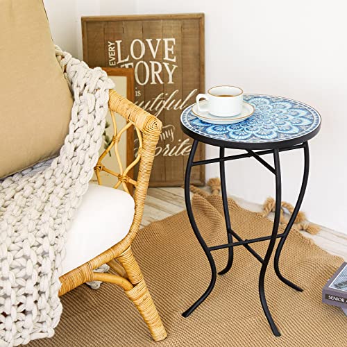 Mosaic Side Table and Plant Stand, 21" Round End Table with 14" Ceramic Tile Top, Indoor & Outdoor Accent Table, Porch Patio Furniture, Entryway & Coffee Table for Home & Garden, Blue Mandala
